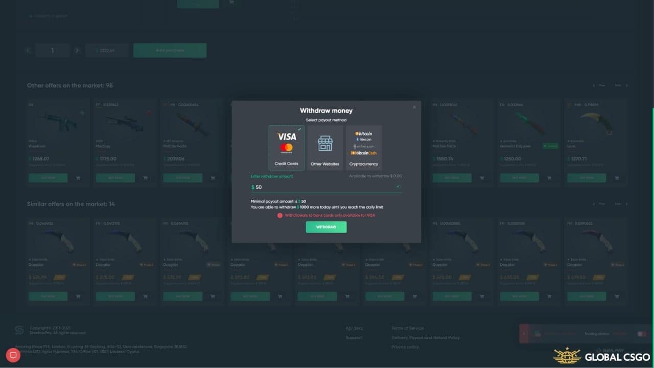 shadowpay deposit withdraw methods